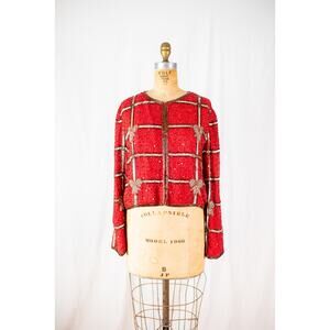 VTG 90s Laurence Kazar Beaded Christmas Blazer Red Silver Holiday Bow Jacket PXL